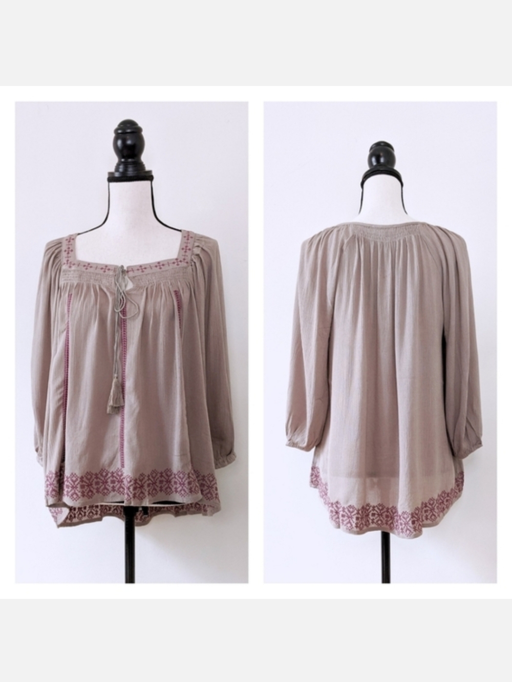NWT Oddi Embroidered Taupe Peasant Blouse, Size Large
